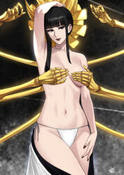 Rule 34 | 1girl, arm up, armpits, black hair, bleach, bleach: sennen kessen-hen, blunt bangs, breasts, covering privates, covering breasts, extra arms, eyeshadow, hair ornament, haori, highres, holding, japanese clothes, large breasts, lipstick, long hair, looking at viewer, makeup, mechanical arms, nail polish, navel, panties, purple eyes, purple eyeshadow, red lips, shutara senjumaru, side-tie panties, sidelocks, skeletal arm, solo, taichou haori, thighs, topless, underwear, underwear only, xter