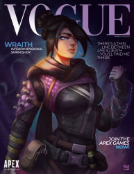 Rule 34 | 1girl, absurdres, apex legends, belt, black belt, black bodysuit, black scarf, blue eyes, bodysuit, breasts, brown belt, buavz, clenched hand, commentary, copyright name, cover, electricity, english commentary, fake magazine cover, gloves, grey gloves, hair bun, highres, logo, magazine cover, medium breasts, scarf, single hair bun, solo, thick lips, vogue (magazine), wraith (apex legends)