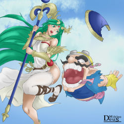 Rule 34 | 1boy, 1girl, ancient greek clothes, armlet, biker clothes, blue coat, blue jacket, blue shirt, blue vest, blush, breasts, chiton, cloud, coat, dress, facial hair, fat, fat man, fingerless gloves, forehead jewel, gloves, gold, green eyes, green hair, helmet, jacket, jewelry, kid icarus, kid icarus uprising, laurel crown, long dress, long hair, looking at ass, mikleodeus, mustache, necklace, nintendo, open mouth, outdoors, palutena, pants, parted bangs, pink pants, shield, shirt, single thighhigh, sky, staff, strapless, strapless dress, super smash bros., thighhighs, thighs, uvula, vambraces, very long hair, vest, wario, warioware, white dress, white thighhighs, yellow gloves