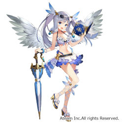 Rule 34 | 1girl, :d, angel wings, bangle, bare arms, bare shoulders, bikini, bikini skirt, blue eyes, blush, book, bracelet, breasts, bridal garter, cleavage, eyewear on head, feathered wings, floating hair, frilled bikini, frills, gaou (umaiyo puyoman), hair ornament, halterneck, hand up, head tilt, high heels, highleg, highleg bikini, holding, holding book, holding lance, holding polearm, holding weapon, jewelry, lance, leg up, long hair, looking at viewer, medium breasts, navel, official art, open book, open mouth, polearm, radgrid, sandals, sidelocks, silver hair, simple background, smile, solo, standing, standing on one leg, stomach, sunglasses, swimsuit, twintails, valkyrie connect, watermark, weapon, white-framed eyewear, white background, white bikini, wings