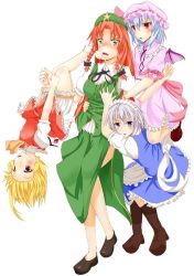 Rule 34 | 4girls, ankle socks, apron, arm around waist, arm grab, arms up, ascot, bat wings, blonde hair, bloomers, blue eyes, blue hair, blush, boots, bow, braid, breasts, breasts squeezed together, facing away, flandre scarlet, green eyes, hair bow, hanging, hat, hong meiling, izayoi sakuya, long hair, looking at viewer, maid headdress, mob cap, mouth pull, multiple girls, open mouth, red eyes, red hair, remilia scarlet, short hair, short sleeves, silver hair, simple background, skirt, skirt set, socks, squatting, star (symbol), totororo, touhou, triangle mouth, twin braids, underwear, upside-down, waist apron, white background, wings