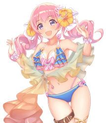 Rule 34 | 1girl, bare shoulders, bikini, blue bikini, blush, breasts, cleavage, collarbone, flower, gatchapowa, hair flower, hair ornament, highres, large breasts, long hair, looking at viewer, navel, open mouth, pink hair, princess connect!, purple eyes, simple background, smile, solo, swimsuit, thigh strap, thighs, tsumugi (princess connect!), tsumugi (summer) (princess connect!), twintails, white background