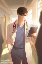 Rule 34 | 1boy, black hair, blue pants, blue shirt, coat, cowboy shot, doctor, expressionless, green eyes, hallway, hand in pocket, highres, indoors, lab coat, love and deepspace, male focus, medical scrubs, name tag, pants, shirt, short hair, solo focus, standing, stethoscope, sunlight, white coat, window, yoyosea1, zayne (love and deepspace)