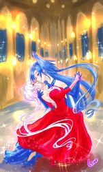 Rule 34 | 10s, 2girls, absurdres, back cutout, ballroom, bare shoulders, blue dress, blue footwear, blue gloves, blue hair, breasts, cleavage, clothing cutout, collarbone, cowboy shot, dancing, dress, elbow gloves, closed eyes, gloves, half-closed eyes, hand on another&#039;s neck, high heels, highres, imminent kiss, interlocked fingers, jewelry, juliet sleeves, kazanari tsubasa, light, long hair, long sleeves, looking at another, low-tied long hair, low neckline, multiple girls, necklace, parted lips, pendant, puffy sleeves, red dress, red footwear, red gloves, see-through, senki zesshou symphogear, shoes, side ponytail, signature, sparkle, very long hair, white hair, window, yukine chris, yuri