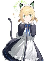 Rule 34 | 1girl, absurdres, alternate costume, animal ear headphones, animal ears, apron, black dress, blonde hair, blue archive, blush, bow, broom, cat tail, dress, enmaided, fake animal ears, green eyes, halo, haruteru, head rest, headphones, heart, highres, holding, holding broom, long sleeves, looking at viewer, maid, maid apron, maid headdress, midori (blue archive), midori (maid) (blue archive), ribbon, short hair, short twintails, simple background, solo, tail, twintails, white apron, white background