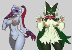 Rule 34 | 2girls, :3, animal ears, animal hands, animal nose, arm at side, averting eyes, body fur, breasts, breasts apart, cat girl, chest jewel, claws, cleft of venus, colored eyelashes, cowboy shot, creatures (company), fangs, female focus, flowers-imh, forehead jewel, furry, furry female, game freak, green fur, green hair, grey background, grey fur, groin, half-closed eyes, hand to own mouth, hand up, hands up, happy, highres, large breasts, lifted by self, looking at viewer, looking to the side, meowscarada, multiple girls, navel, nintendo, nipples, nude, open mouth, pawpads, pokemon, pokemon (creature), purple fur, pussy, red eyes, short hair, simple background, slit pupils, smile, sneasler, standing, stomach, tail, thighs, two-tone fur, uncensored, wide hips, yellow gemstone
