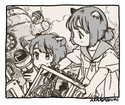 Rule 34 | 2girls, :&lt;, akai sashimi, animal ear fluff, animal ears, artist name, border, cable, carrying, cat ears, cat girl, cloud, cloudy sky, dress, holding, looking at another, looking at object, looking to the side, low ponytail, machinery, monochrome, multiple girls, neckerchief, original, outdoors, porthole, profile, sailor collar, sepia, short hair, short ponytail, short sleeves, sidelocks, sky, upper body, white border