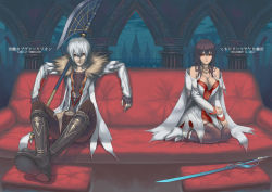 Rule 34 | 1boy, 1girl, bare shoulders, black hair, black thighhighs, boots, breasts, cleavage, couch, cover, cover page, covering face, covering own mouth, covering privates, cuboon, halberd, long hair, lord of vermilion, medium breasts, nido, polearm, red eyes, red upholstery, rishia, short hair, sitting, sword, thighhighs, tufted upholstery, weapon, white hair