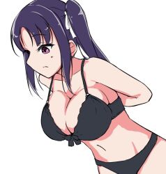 Rule 34 | 1girl, arms behind back, azukilib, bare shoulders, black bra, black panties, blush, bow, bow bra, bra, breasts, cleavage, closed mouth, collarbone, female focus, hair ribbon, kazuno sarah, large breasts, leaning forward, light blush, long hair, love live!, love live! sunshine!!, navel, panties, purple hair, ribbon, side ponytail, sideways mouth, simple background, solo, standing, stomach, underwear, underwear only, white background, white ribbon