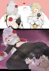 Rule 34 | 2girls, 2koma, absurdres, armor, ass, bare shoulders, barefoot, black pantyhose, blonde hair, braid, breasts, closed eyes, comic, covered penis, covered testicles, cum, cum in mouth, dress, fellatio, flower, futa with female, futanari, genshin impact, girl on top, green eyes, grey hair, hair flower, hair ornament, heart, highres, irrumatio, kassai kassai, looking back, lumine (genshin impact), maid headdress, medium breasts, multiple girls, noelle (genshin impact), open mouth, oral, cum overflow, own hands together, pantyhose, rose, short hair, shoulder armor, tearing up, testicles, textless version, white dress, wide-eyed, yellow eyes