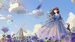 Rule 34 | 1girl, absurdres, artist name, blue dress, blue sky, brown eyes, brown hair, chinese commentary, closed mouth, cloud, commentary request, dated, dress, english text, flower, flower request, hair ornament, head wreath, highres, long hair, long sleeves, original, outdoors, scenery, see-through, see-through sleeves, sky, smile, solo, watermark, windmill, yuebanmao