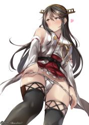 Rule 34 | 1girl, belt, black hair, blush, breasts, closed mouth, hair ornament, hairclip, haruna (kancolle), heart, japanese clothes, juurouta, kantai collection, long hair, long sleeves, looking at viewer, medium breasts, panties, pulling own clothes, simple background, solo, thighhighs, underwear, white background, white panties, yellow eyes