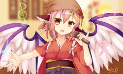 Rule 34 | 1girl, animal ears, beamed sixteenth notes, bird ears, bird wings, brown eyes, brown headwear, eighth note, fingernails, hair between eyes, head scarf, highres, holding, holding microphone, japanese clothes, kimono, long fingernails, looking at viewer, microphone, musical note, mystia lorelei, nail polish, okamisty, open mouth, pink hair, quarter note, r-grey4, red kimono, red nails, sharp fingernails, short hair, signature, smile, solo, touhou, treble clef, upper body, white wings, wide sleeves, wings
