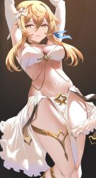 Rule 34 | 1girl, alternate costume, arms up, belly chain, belly dancer, blonde hair, breasts, brown background, choker, cleavage, crop top, elbow gloves, flower, genshin impact, gloves, groin, hair between eyes, hair flower, hair ornament, harem outfit, highres, jewelry, looking at viewer, lumine (genshin impact), medium breasts, navel, parted lips, pelvic curtain, shiben (ugvu5784), short hair with long locks, sidelocks, simple background, skirt, smile, solo, stomach, thighlet, thighs, white skirt, yellow eyes