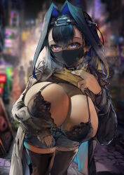 Rule 34 | 1girl, absurdres, alternate costume, arm under breasts, black bra, black choker, black hair, black mask, black thighhighs, blue eyes, blue hair, blue shorts, blurry, blurry background, bra, breast hold, breasts, breath, chain headband, choker, cleavage, clothes lift, coat, colored inner hair, commentary, denim, denim shorts, double-parted bangs, earrings, english commentary, exhibitionism, flashing, hair between eyes, hair intakes, headband, heavy breathing, highres, hololive, hololive english, huge breasts, jewelry, lace, lace bra, leaning forward, looking at viewer, mask, mouth mask, multicolored hair, night, ouro kronii, paid reward available, public indecency, shirt lift, short shorts, shorts, skindentation, sky, sleeves past wrists, solo focus, sweat, thighhighs, underwear, virtual youtuber, vyragami