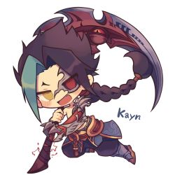 Rule 34 | 1boy, armor, black hair, black sclera, blue hair, blush, character name, chibi, claws, colored sclera, corruption, eyes visible through hair, fang, greaves, grey background, heterochromia, highres, holding, holding scythe, holding weapon, kayn (league of legends), league of legends, living weapon, long hair, megusurisup, multicolored hair, open mouth, over shoulder, red eyes, scythe, simple background, slit pupils, smile, solo, tongue, topless male, weapon, weapon over shoulder, yellow eyes