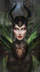 Rule 34 | 1girl, crying, crying with eyes open, fake horns, green eyes, highres, horned headwear, horns, joenny, lipstick, looking at viewer, makeup, maleficent, realistic, red lips, sleeping beauty, solo, tears, upper body