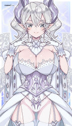 Rule 34 | 1girl, armored leotard, blush, breasts, cleavage, closed mouth, commentary, demon girl, demon horns, dress, duel monster, earrings, english commentary, garter straps, gloves, gluteal fold, grey eyes, grey hair, horns, jewelry, large breasts, leotard, leotard under clothes, lips, looking at viewer, lovely labrynth of the silver castle, pointy ears, smile, solo, thighhighs, twintails, virus-g, white garter straps, white thighhighs, yu-gi-oh!