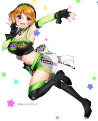 Rule 34 | 1girl, :d, black gloves, black hairband, black thighhighs, blush, boots, breasts, cleavage, fingerless gloves, full body, gloves, hair between eyes, hairband, highres, koizumi hanayo, looking at viewer, love live!, love live! school idol project, medium breasts, midriff, nakano maru, navel, open mouth, orange hair, purple eyes, short hair, smile, solo, star (symbol), teeth, thigh boots, thighhighs, twitter username, upper teeth only