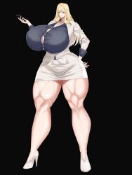 Rule 34 | 1girl, absurdres, amooooo217, blonde hair, breasts, formal, gigantic breasts, highres, muscular, muscular female, office lady, original, shirt, smile, thick thighs, thighs, tight clothes, tight shirt