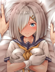 Rule 34 | 10s, 1boy, 1girl, arm support, bed, bed sheet, between breasts, blue eyes, blush, breasts, collarbone, covering privates, covering breasts, embarrassed, fingernails, from above, full-face blush, hair ornament, hair over one eye, hairclip, hamakaze (kancolle), highres, kamelie, kantai collection, looking at viewer, looking up, medium breasts, neckerchief, pov, school uniform, serafuku, shirt, short hair, short sleeves, silver hair, solo focus, teardrop, upper body, white shirt, yellow neckerchief