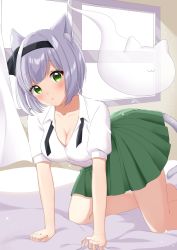 Rule 34 | 1girl, all fours, animal ears, bad id, bad pixiv id, black bow, black hairband, black ribbon, blush, bow, bowtie, breasts, cat ears, cat tail, cleavage, collared shirt, curtains, eyes visible through hair, ghost, green eyes, green skirt, hair ribbon, hairband, highres, hitodama, kemonomimi mode, konpaku youmu, konpaku youmu (ghost), looking at viewer, medium breasts, necktie, open clothes, ribbon, shinonome asu, shirt, short hair, short sleeves, silver hair, skirt, solo, sunlight, tail, top-down bottom-up, touhou, undone necktie, white shirt, window