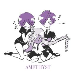 Rule 34 | 1girl, 2others, amethyst (houseki no kuni), amethyst (steven universe), blush, braid, braiding hair, closed eyes, colored skin, crossover, hair over one eye, hairdressing, happy, highres, houseki no kuni, kneeling, limited palette, long hair, matiruda, monochrome, multiple others, musical note, name connection, necktie, puffy short sleeves, puffy sleeves, purple hair, purple skin, purple theme, short hair, short shorts, short sleeves, shorts, siblings, silver hair, simple background, sitting, sitting on lap, sitting on person, smile, steven universe, twins, very long hair, white background