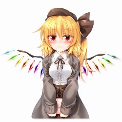 Rule 34 | 1girl, alternate breast size, alternate costume, black ribbon, blonde hair, blush, breasts, brown headwear, brown skirt, cardigan, center frills, closed mouth, collared shirt, contemporary, crystal, flandre scarlet, frills, grey cardigan, hair between eyes, highres, holding, long hair, long sleeves, looking at viewer, marukyuu ameya, medium breasts, multicolored wings, neck ribbon, one side up, red eyes, ribbon, shirt, simple background, skirt, solo, touhou, white background, white shirt, wings