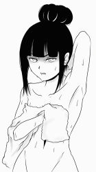 Rule 34 | 1girl, armpits, blunt bangs, breasts, character request, cleavage, covering privates, covering breasts, greyscale, groin, highres, looking at viewer, monochrome, nude, out-of-frame censoring, short hair, solo, towel, viperxtr