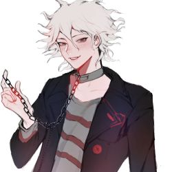 Rule 34 | 1boy, ara (syao ra), black jacket, chain, collar, collarbone, commentary, danganronpa (series), danganronpa another episode: ultra despair girls, green eyes, grey hair, grey shirt, hair between eyes, hand up, holding, holding chain, jacket, komaeda nagito, looking at viewer, metal collar, official alternate costume, open clothes, open jacket, red shirt, servant (danganronpa), shirt, short hair, simple background, smile, solo, striped clothes, striped shirt, teeth, upper body, white background