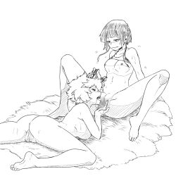 Rule 34 | 2girls, anus, ashido mina, ass, barefoot, blush, boku no hero academia, breasts, censored, cleft of venus, collarbone, commentary, completely nude, cunnilingus, english commentary, greyscale, hand on another&#039;s head, highres, jirou kyouka, krumbs (dailykrumbs), monochrome, mosaic censoring, multiple girls, nipples, nude, open mouth, oral, pussy, pussy juice, short hair, sitting, small breasts, spread legs, tongue, tongue out, white background, yuri