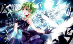 Rule 34 | 1girl, angel wings, bad id, bad pixiv id, bare shoulders, blue eyes, dress, feathered wings, feathers, gloves, green hair, gumi, highres, looking away, music, nou (nounknown), open mouth, short hair, singing, solo, vocaloid, wings