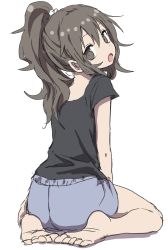 Rule 34 | 1girl, absurdres, back, barefoot, brown hair, from behind, full body, highres, long hair, ponytail, shorts, simple background, sitting, solo, wariza, white background, yamamoto souichirou