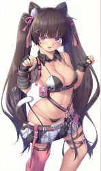 Rule 34 | 1girl, absurdres, animal ears, arm warmers, bare shoulders, bikini, black bikini, black gloves, black nails, black skirt, breasts, brown hair, cat ears, cat girl, cat tail, chest harness, cleavage, collarbone, commentary request, cowboy shot, detached collar, fingerless gloves, gloves, goddess of victory: nikke, groin, hair ornament, hair ribbon, hairclip, harness, heterochromia, highres, kur (kur0320), light blush, long hair, looking at viewer, medium breasts, navel, nero (nikke), open mouth, paw pose, pink eyes, pink ribbon, pink thighhighs, pleated skirt, pouch, purple eyes, ribbon, sidelocks, simple background, single arm warmer, single thighhigh, skindentation, skirt, solo, standing, stomach, swimsuit, tail, thigh strap, thighhighs, twintails, two-tone skirt, white background, white skirt