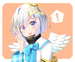 Rule 34 | !, 1girl, absurdres, amane kanata, armband, blue bow, blue hair, blue wings, blush, bob cut, bow, brown background, closed mouth, colored inner hair, eyes visible through hair, feathered wings, gradient wings, hair ornament, hair over one eye, halo, hand up, head tilt, high collar, highres, hololive, jacket, long sleeves, looking at viewer, mini wings, multicolored hair, multicolored wings, nail polish, pink hair, pink nails, plaid, purple eyes, silver hair, single hair intake, solo, spoken exclamation mark, star halo, streaked hair, sylphine, tongue, tongue out, twitter username, two-tone background, two-tone hair, upper body, v, virtual youtuber, white background, white jacket, white wings, wings