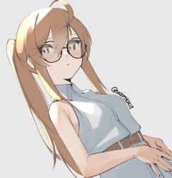 Rule 34 | 1girl, artist name, bare arms, belt, blue dress, brown eyes, brown hair, closed mouth, collared dress, commentary, dated commentary, dress, dutch angle, glasses, grey background, light blush, long hair, original, ponytail, simple background, skeptycally, sleeveless, sleeveless dress, solo, upper body