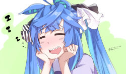 Rule 34 | 1girl, = =, ahoge, animal ears, blue hair, bow, closed eyes, commentary request, crossed bangs, curled fingers, dated, drooling, ears down, green background, hair bow, hands on own cheeks, hands on own face, horse ears, horse girl, light blush, long hair, mikan yumeno, mouth drool, open mouth, school uniform, sharp teeth, sidelocks, signature, sleepy, solo, striped, striped bow, teeth, tracen school uniform, twin turbo (umamusume), twintails, umamusume, upper body, upper teeth only, zzz