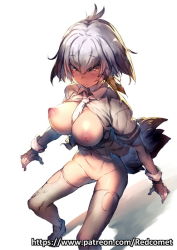 Rule 34 | 10s, 1girl, arms at sides, between breasts, blonde hair, blush, bodysuit, bracer, breasts, brown gloves, cleft of venus, collared shirt, fingerless gloves, gloves, grey hair, grey shirt, groin, hair between eyes, hair flaps, hair tie, head wings, kemono friends, large breasts, looking at viewer, low ponytail, multicolored hair, necktie, nipples, no bra, no panties, patreon username, puffy nipples, pussy, redcomet, sanpaku, shirt, shoebill (kemono friends), shoes, short hair, short sleeves, side ponytail, sidelocks, solo, staring, tail, thighhighs, torn clothes, torn thighhighs, tsurime, uncensored, watermark, web address, white background, white necktie, white thighhighs, wings, yellow eyes