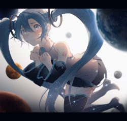 Rule 34 | 1girl, backlighting, bad id, bad pixiv id, black skirt, black thighhighs, blue eyes, blue hair, blue nails, blue necktie, blurry, blurry background, blush, clenched hands, closed mouth, collared shirt, commentary request, depth of field, detached sleeves, earth (planet), expressionless, eyelashes, fantasy, fingernails, floating hair, frown, furrowed brow, gradient background, grey background, hair between eyes, hamuna (hamuna 86), hands on own chest, hands up, hatsune miku, heart, heart in eye, highres, knees together feet apart, letterboxed, light particles, lips, long eyelashes, long hair, looking afar, mars (planet), nail polish, nayutan sei kara no buttai, necktie, number tattoo, orbit, planet, pleated skirt, shaded face, shirt, shoulder tattoo, sidelocks, simple background, skirt, sky, sleeveless, sleeveless shirt, solo, sparkle, sparkling eyes, star (sky), starry sky, symbol in eye, tareme, tattoo, thighhighs, twintails, very long hair, vocaloid, wakusei loop (vocaloid), white background, wide-eyed, worried, zero gravity, zettai ryouiki