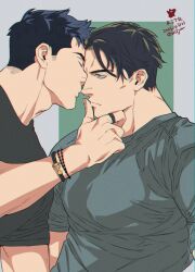 Rule 34 | 2boys, bara, bracelet, check copyright, closed eyes, copyright request, finger to another&#039;s mouth, from side, hand on another&#039;s chin, heads together, incoming kiss, jewelry, large pectorals, male focus, mature male, multiple boys, muscular, muscular male, original, parted bangs, pectorals, ring, shirt, short hair, sideburns, thick eyebrows, tight clothes, tight shirt, upper body, yan (bltyann), yaoi