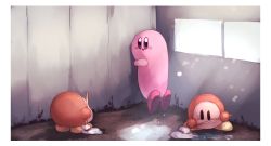 Rule 34 | absurdres, blush stickers, border, cleaning, commentary request, creepy, eye contact, highres, kirby, kirby (series), looking at another, mop, nintendo, no humans, parody, room, scp-173, scp foundation, shiburingaru, smile, sunlight, waddle dee, white border, window