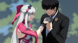 1boy 1girl black_hair black_jacket blurry blurry_background carlotta_(wuthering_waves) dress dress_shirt ear_piercing formal_clothes grey_hair hairband highres holding_hands jacket long_hair looking_at_another male_rover_(wuthering_waves) paperpillar piercing red_hairband red_ribbon ribbon rover_(wuthering_waves) shirt smile suit upper_body white_dress white_shirt wuthering_waves yellow_eyes