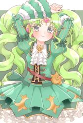 Rule 34 | 1girl, anko maccha, arms up, ascot, closed mouth, colored eyelashes, cowboy shot, curly hair, dress, falulu, frilled dress, frills, green background, green hair, green shirt, green skirt, green theme, grey eyes, headphones, idol, long hair, looking at viewer, pretty series, pripara, shirt, sidelocks, signature, skirt, smile, solo, sparkle