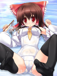 Rule 34 | 1girl, ascot, between breasts, black thighhighs, bow, breasts, brown hair, detached sleeves, gohei, hair bow, hair tubes, hakurei reimu, highres, liya, long sleeves, looking at viewer, lying, on back, one-piece swimsuit, open mouth, red eyes, school swimsuit, see-through, skindentation, solo, spread legs, swimsuit, thighhighs, touhou, water, white school swimsuit, white one-piece swimsuit, wide sleeves