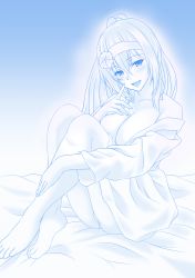 Rule 34 | absurdres, barefoot, breasts, cleavage, duke of york (warship girls r), flower, gachishizyou, hair flower, hair ornament, hairband, highres, large breasts, long hair, on bed, open clothes, open mouth, open shirt, ponytail, sitting, solo, toes, very long hair, warship girls r