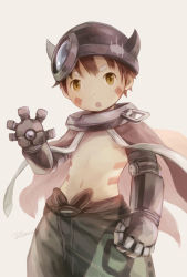Rule 34 | 10s, 1boy, android, artist name, brown hair, cape, fake horns, grey background, helmet, horned helmet, horns, looking at viewer, made in abyss, male focus, mechanical arms, navel, noeyebrow (mauve), open mouth, regu (made in abyss), short hair, simple background, single mechanical arm, solo, topless male, yellow eyes