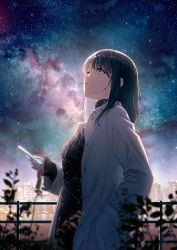 Rule 34 | 1girl, black hair, black sweater, blue eyes, blunt bangs, breasts, city lights, coat, collared coat, commentary, cowboy shot, fingernails, hand in pocket, highres, holding, holding phone, hyuuga azuri, jewelry, long sleeves, looking away, looking up, medium breasts, medium hair, night, open clothes, open coat, original, outdoors, parted lips, phone, plant, ring, sky, skyline, sleeves past wrists, solo, standing, star (sky), starry sky, sweater, symbol-only commentary, turtleneck, turtleneck sweater, white coat