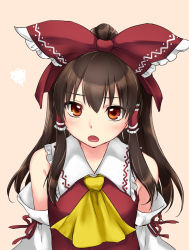 Rule 34 | 1girl, ascot, bare shoulders, beige background, blush, bow, brown eyes, brown hair, commentary request, detached sleeves, frilled bow, frilled shirt collar, frills, hair between eyes, hair bow, hair tubes, hakurei reimu, half updo, highres, long hair, looking at viewer, monrooru, open mouth, red bow, sidelocks, simple background, solo, touhou, yellow ascot