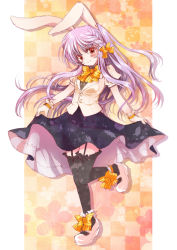 Rule 34 | 1girl, animal ears, black thighhighs, blush, checkered background, clothes lift, garter straps, gloves, leg up, long hair, mary janes, purple hair, rabbit ears, red eyes, reisen udongein inaba, seidou (tukinomiyako), shoes, skirt, skirt lift, smile, solo, thighhighs, touhou
