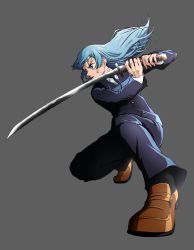 Rule 34 | 1girl, black jacket, black necktie, blue eyes, blue hair, collared shirt, daisx (dais0115), fighting stance, foreshortening, formal, from side, full body, highres, holding, holding sword, holding weapon, jacket, jujutsu kaisen, katana, light blue hair, long hair, long sleeves, miwa kasumi, necktie, pants, perspective, serious, shirt, solo, suit, sword, weapon, white background, white shirt